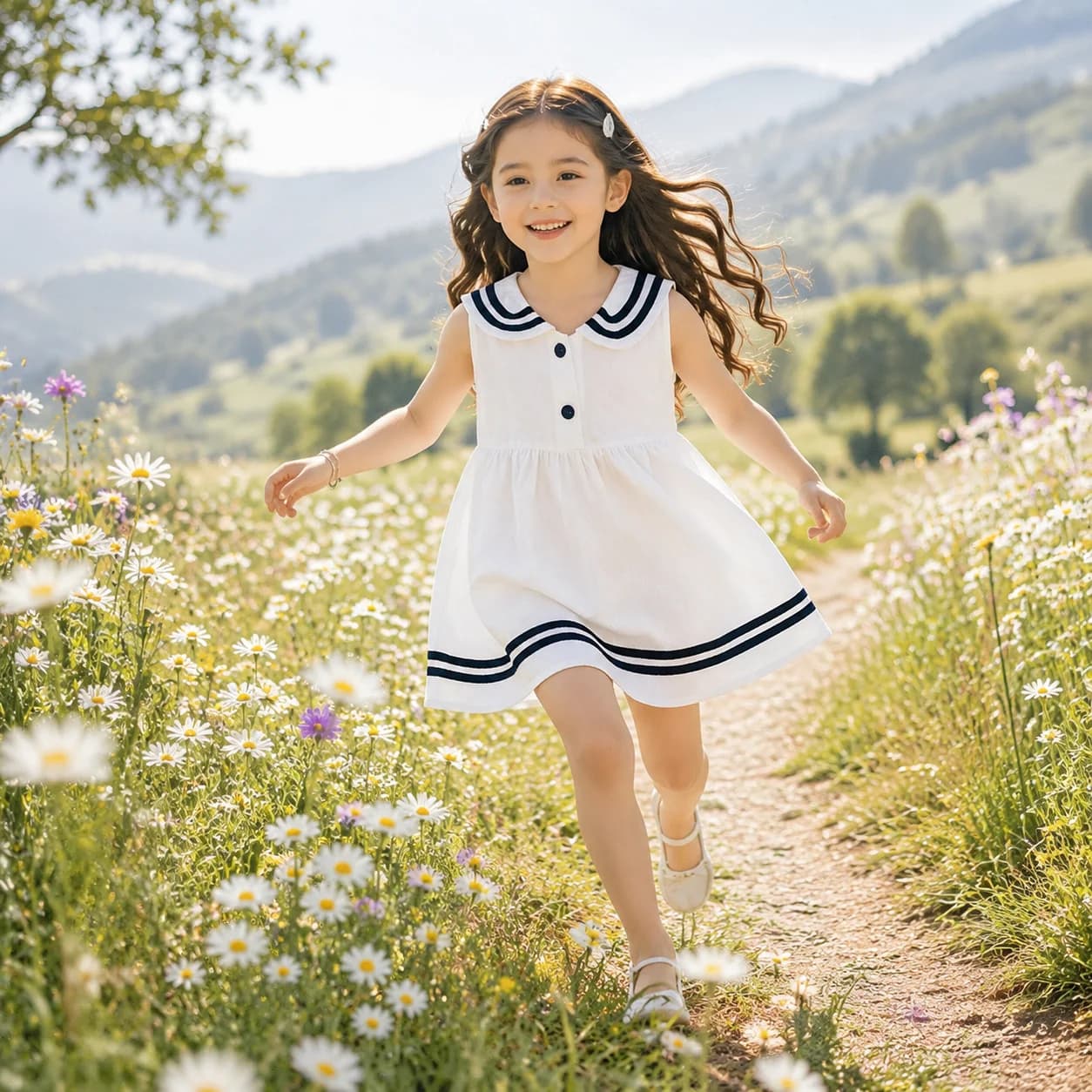 Children's Navy Style Sleeveless Cotton Dress, Princess Summer Party Dress Knee-Length Breathable Comfortable Daily Wear