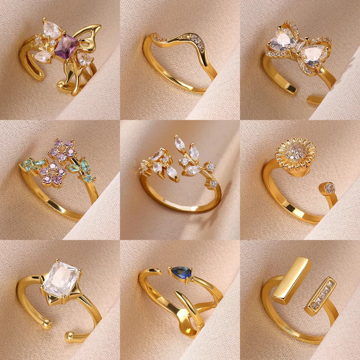 Anelli ondulati di lusso in acciaio inossidabile Anello con fiocco in pietra colorata placcata in oro con zirconi per le donne Gioielli da sposa Regalo di Natale