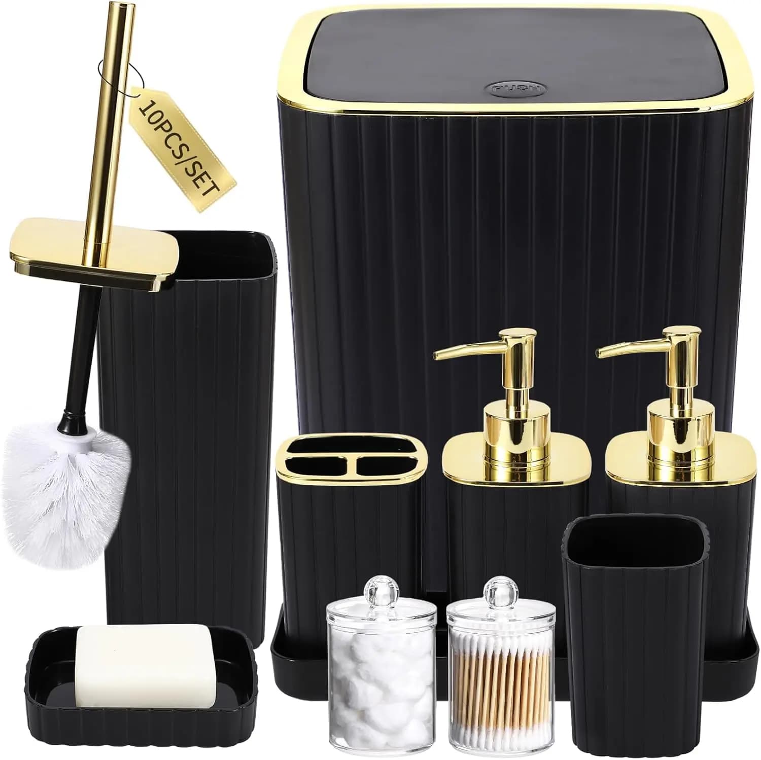 Set di 10 Accessori per Bagno in Nero - Include Spazzola per WC, Cestino, Porta Q-tip e Dispenser Sapone per Arredamento Moderno