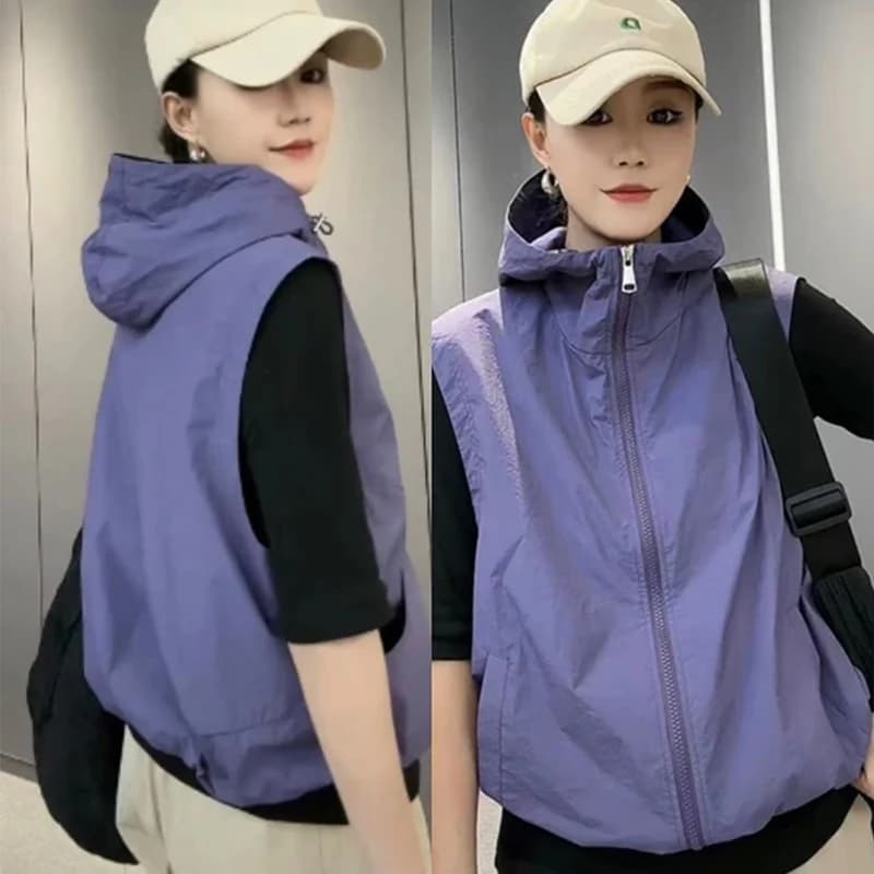 Giacche casual senza maniche da donna Giacca a vento con cerniera Donna Primavera Autunno Protezione solare Gilet con cappuccio Capispalla femminile