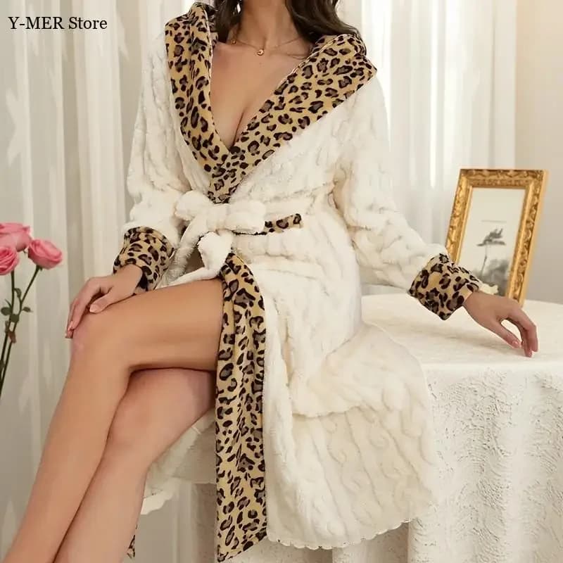 Sexy scollo a V leopardo Kimono donna camicia da notte con cappuccio manica lunga indumenti da notte intimo lingerie abito caldo pigiama accappatoio abito