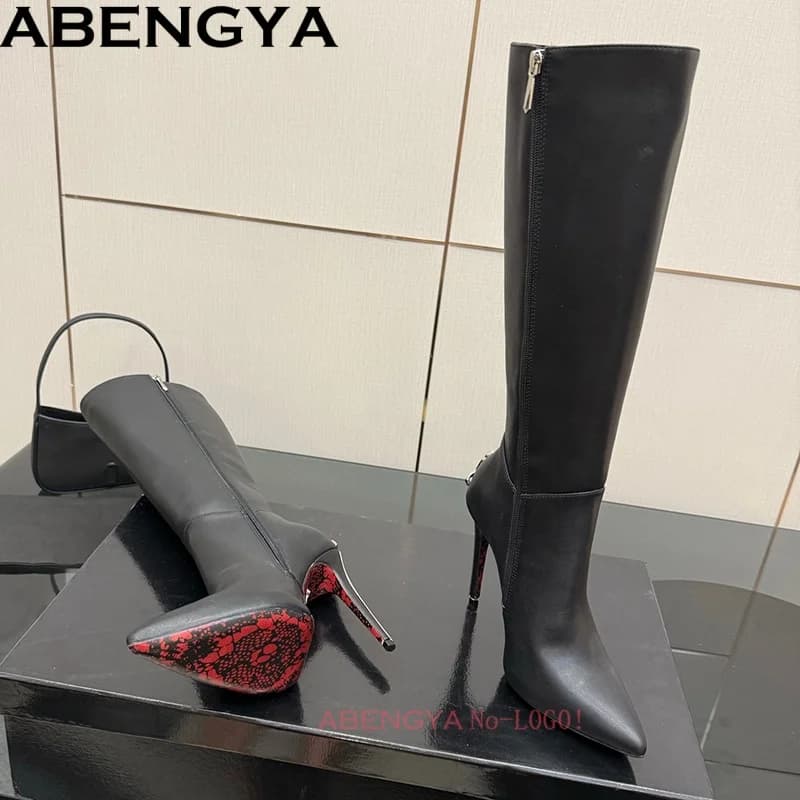 Women's High Knee Boots Women's Sexy Black Leather Long Boots Party Boots With Rhinestone Heels Autumn High Boots