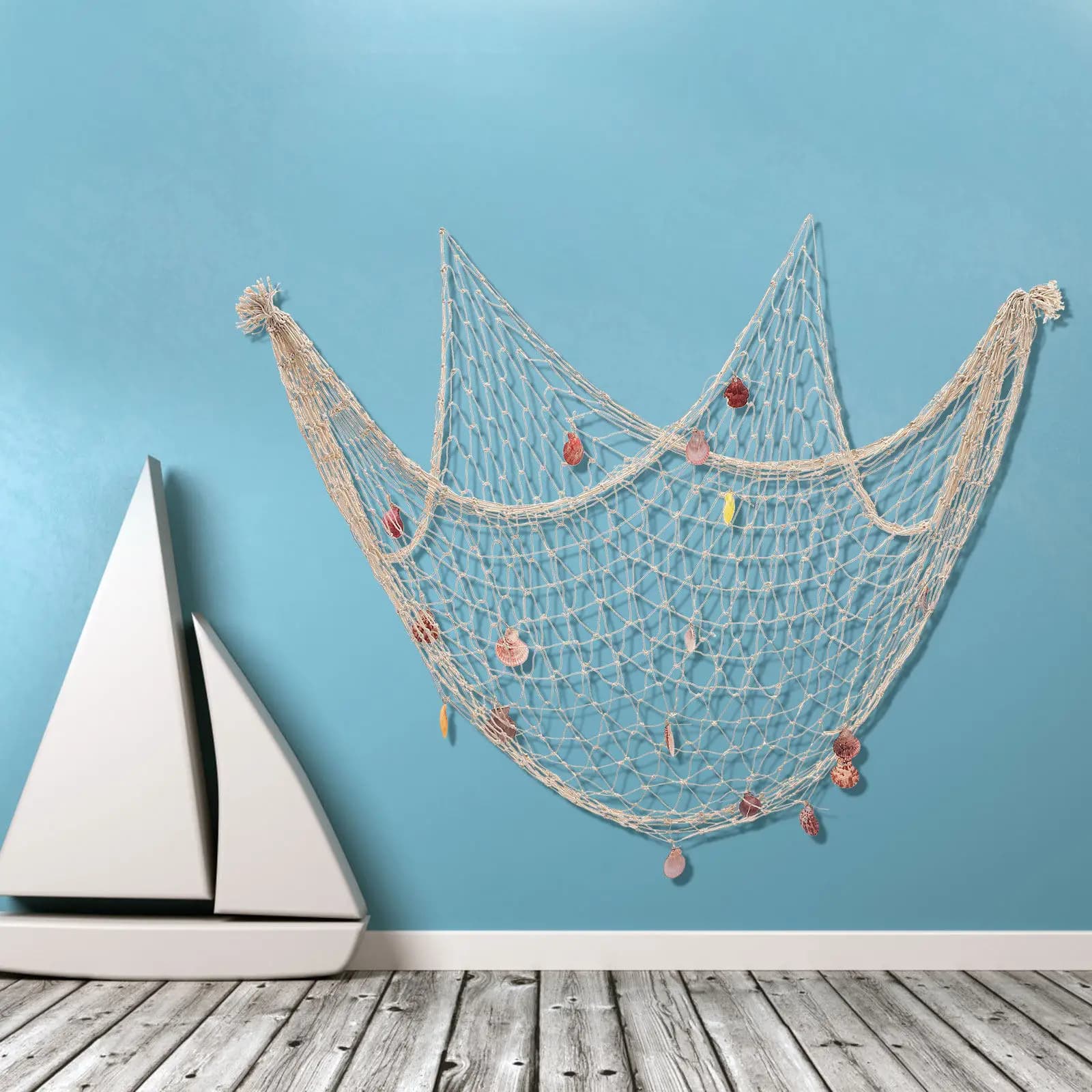 Rete da Pesca Decorativa in Corda di Cotone, Decorazione da Parete a Tema Nautico con Conchiglie, Sfondo Mediterraneo per Camera da Letto e Soggiorno