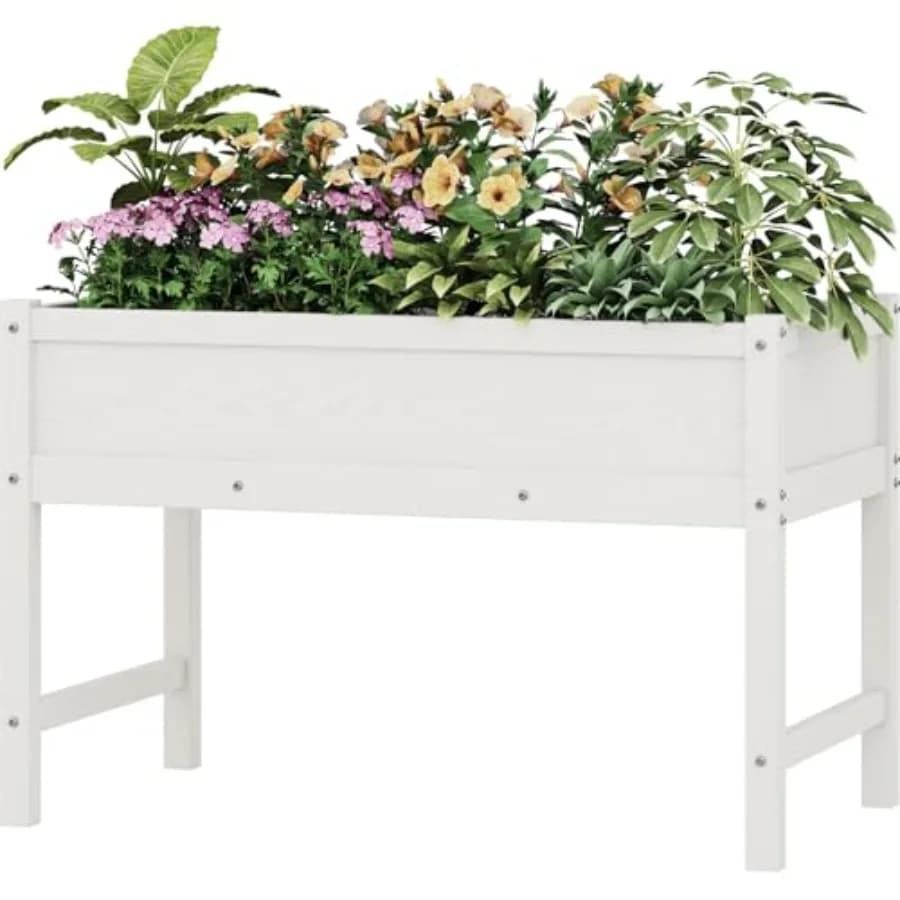 HDPE raised planter with legs, exterior, weatherproof, for seeds, herbs, flowers and vegetables, white