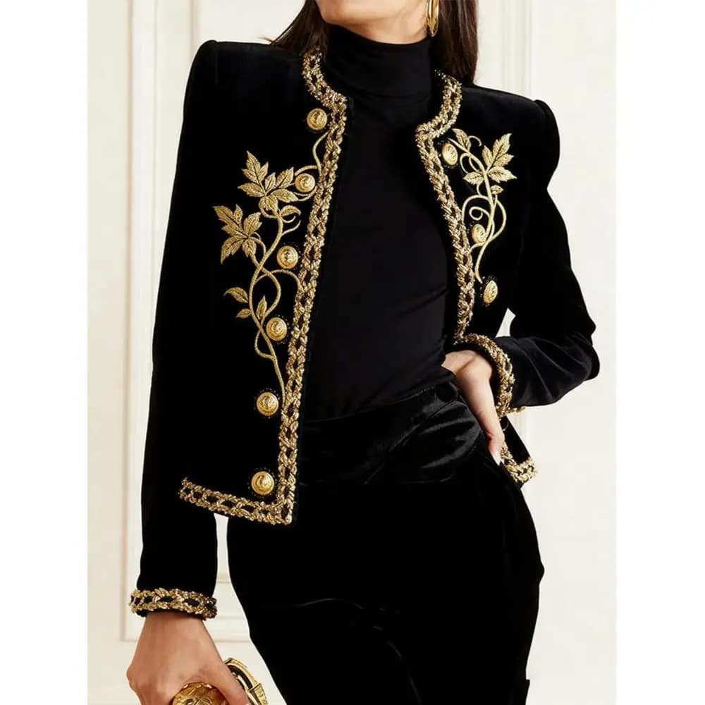 Cappotto Ricamato Taglie Forti da Donna, Giacca in Velluto a Maniche Lunghe con Bottoni, Stile Vintage per Feste, Primavera/Autunno 2026