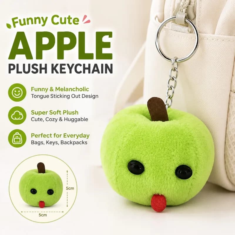 Divertente e Carino Portachiavi in Peluche a Forma di Mela, Design Melancolico con Lingua Fuori, Morbido Giocattolo in Peluche per Zaino, 5cm, Verde/Rosso