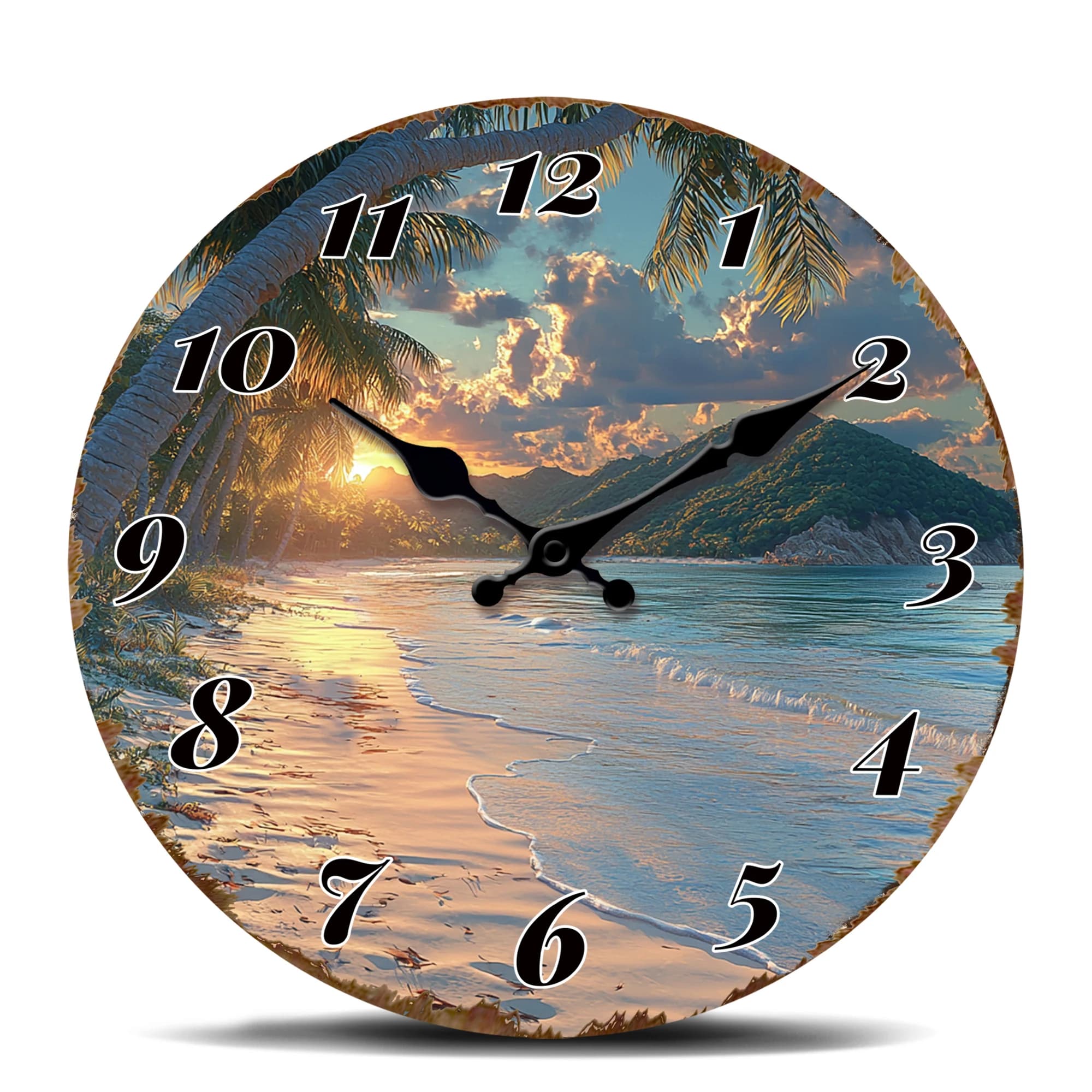 Round wall clock with sunset on the tropical sea and palm trees - Sereno coastal decorative watch