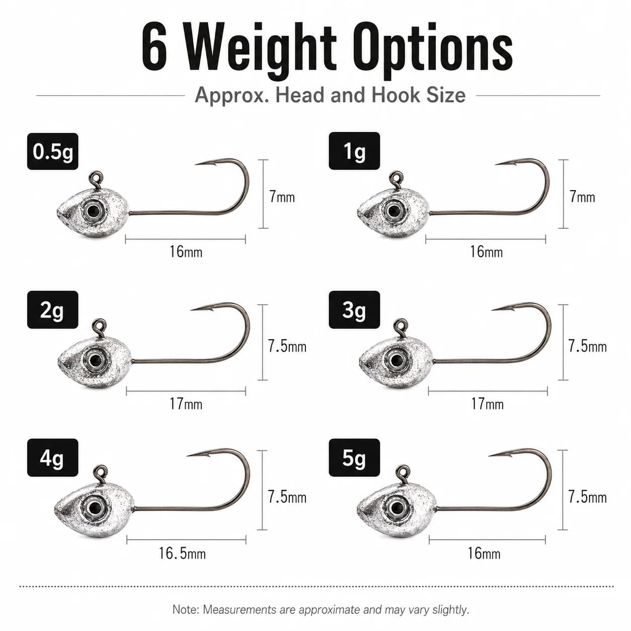 Set di ami jig head con occhi 3D, pesi assortiti 0.5g-5g per esche morbide, kit di attrezzatura da pesca per acqua dolce e salata
