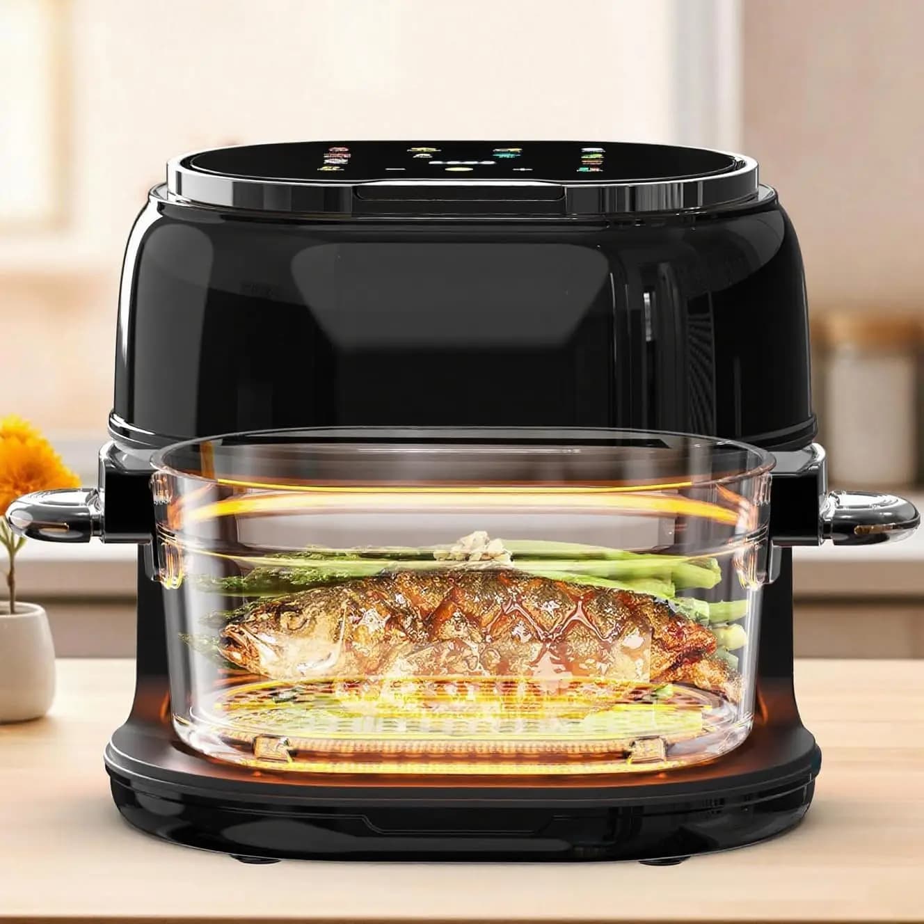 Friggitrice ad Aria con Vetro Trasparente da 6,5QT, Design con Vassoio Lungo 8-in-1 e Rotazione a 360° ° Finestra di visualizzazione, Touchscreen digitale, Patatine fritte, Torte, Scongelamento