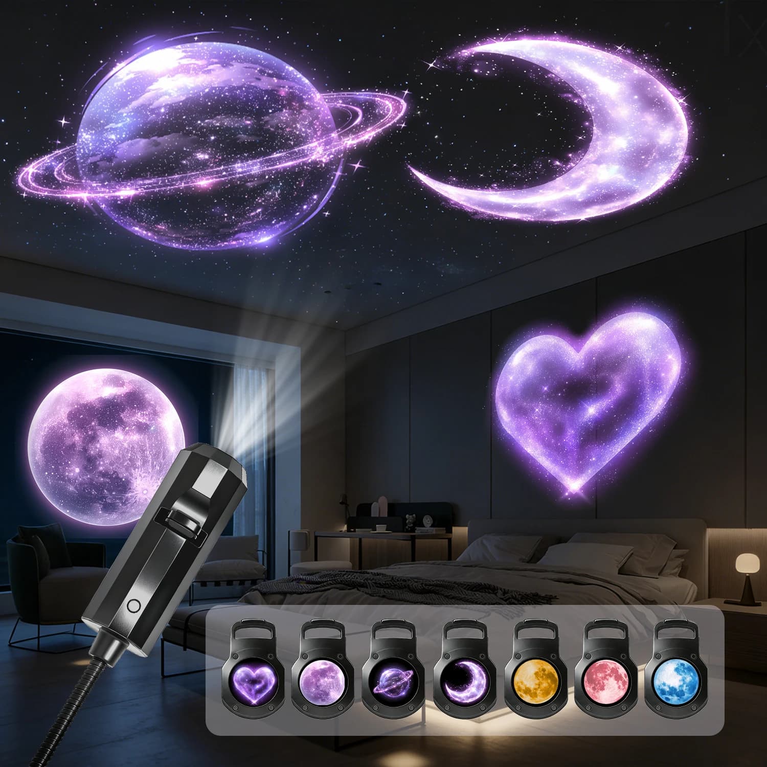 Proiettore a tema spaziale, con 8 pannelli luminosi intercambiabili tra cui pianeti/cuori, per decorare il soffitto della camera da letto.
