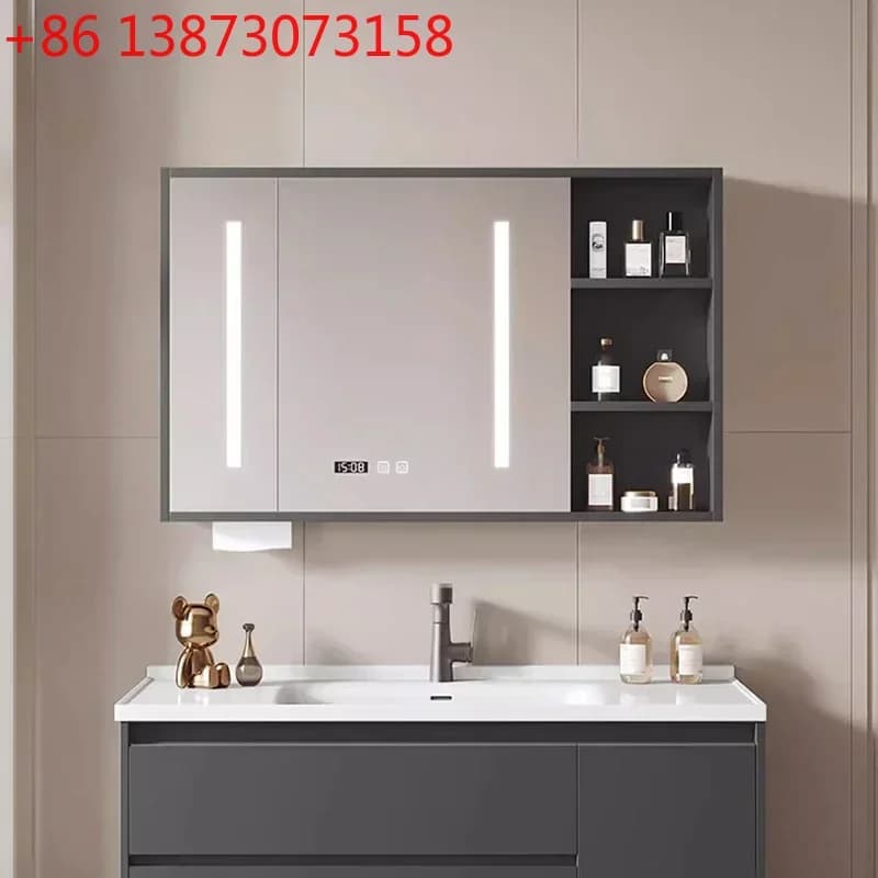 Mobile Bagno Lusso con Doppio Lavabo, Colonna Multifunzione, Specchio e Armadietto Aperto per Farmacia/Archiviazione