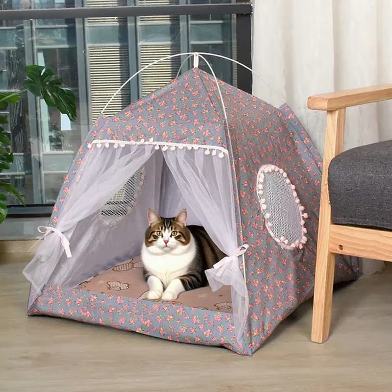 Cuccia a tenda semi-chiusa per gatti e cani, design floreale, universale per tutte le stagioni, tenda nido per animali domestici, ideale per l'estate