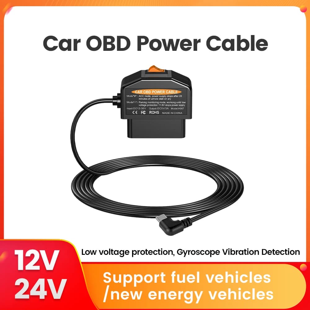 OBD Power Cable for Universal Car Interface Plug and Play with DVR Dashboard Camera Switch for Mini Micro Type-C Vehicles