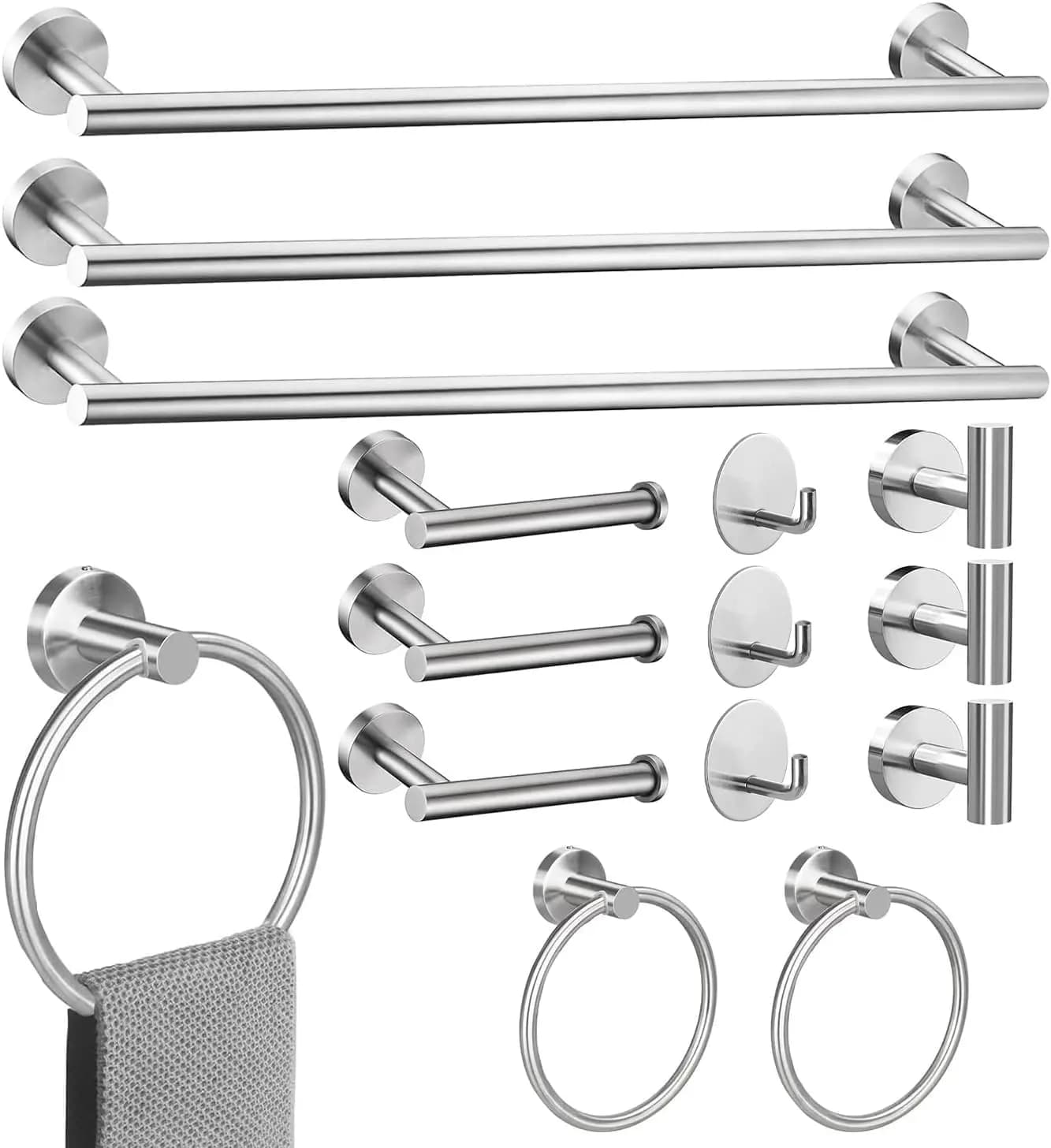 Set di accessori per bagno in nichel spazzolato da 24 pollici, 15 pezzi, include 3 portasciugamani da 24 pollici, 6 ganci appendiabiti, 3 anelli portasciugamani, 3 supporti per WC