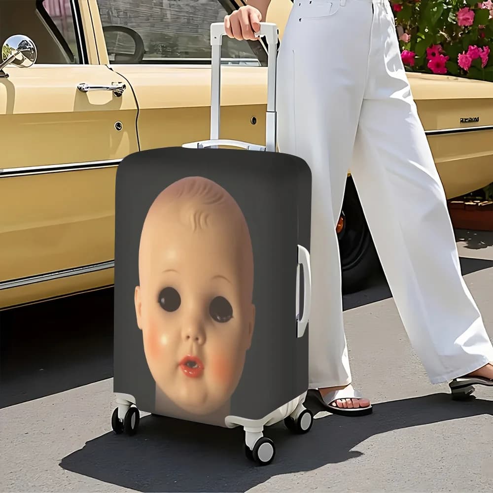 1pc creepy doll head print luggage cover. Fits suitcases from 18 to 32 inches; effectively protects your luggage.