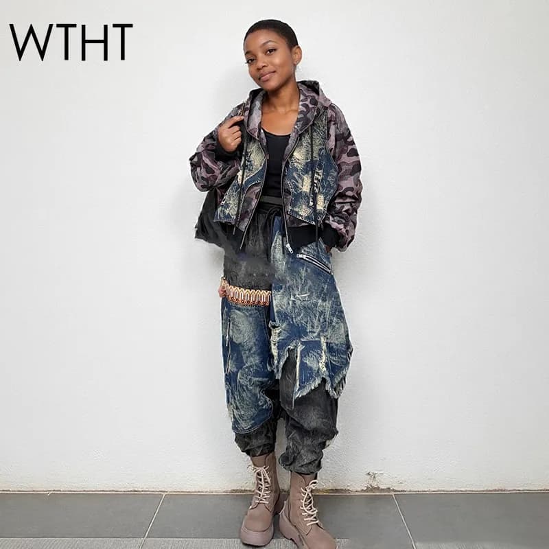 WTHT Trendy Women's Camouflage Spliced Wash Denim Loose Hooded Jacket Elastic Waist Loose Jeans Female 2025 Autumn 1LS2492