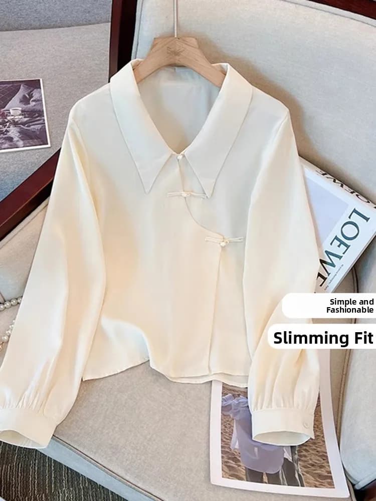 New Chinese Style Long Sleeve Shirt Women's Spring New plus Size Conceal Meat Belly Cover up Slimming Traditional Korean Styl...