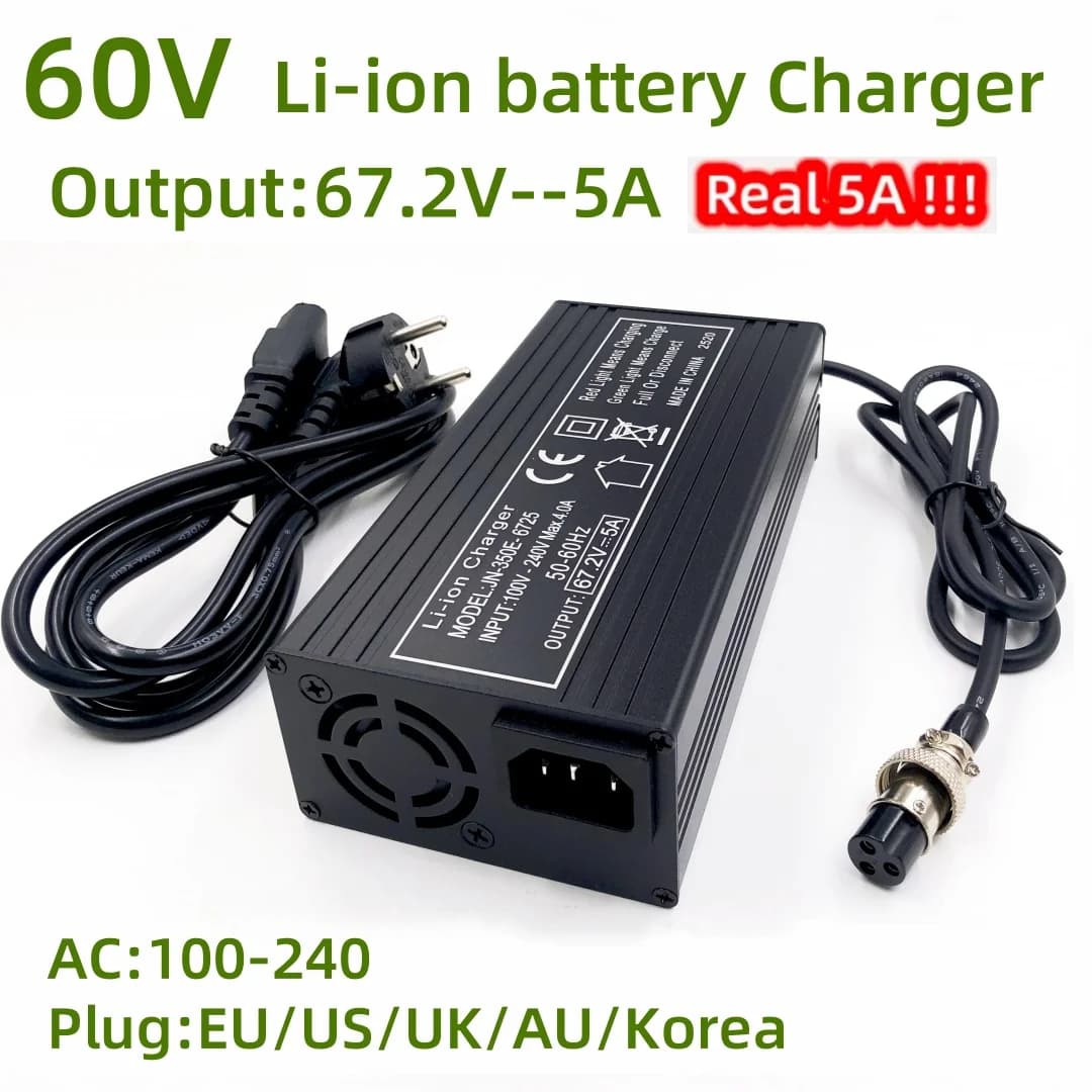 Caricatore rapido 60V 5A Caricatore 67.2V5A per carriola Harley 16S 60V Batteria al litio GX16 Connettore con ventola Guscio in metallo