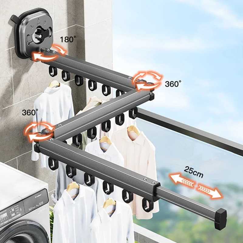 Wall-mounted folding stretcher with aluminum alloy suction cup for balcony, bedroom, living room, space saving, travel drying rack
