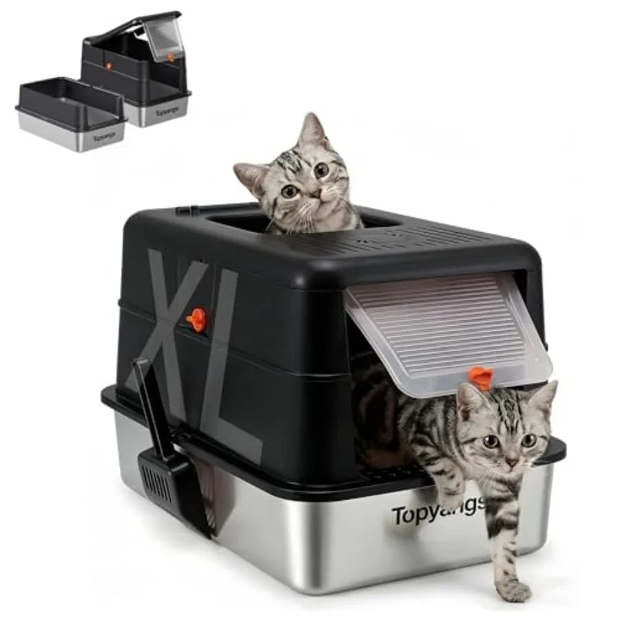 Stainless Steel Cat Litter Box, Enclosed Odor Control Extra Large Metal Litter Box with Lid, 135° Flip-Top Covered Design, Leak