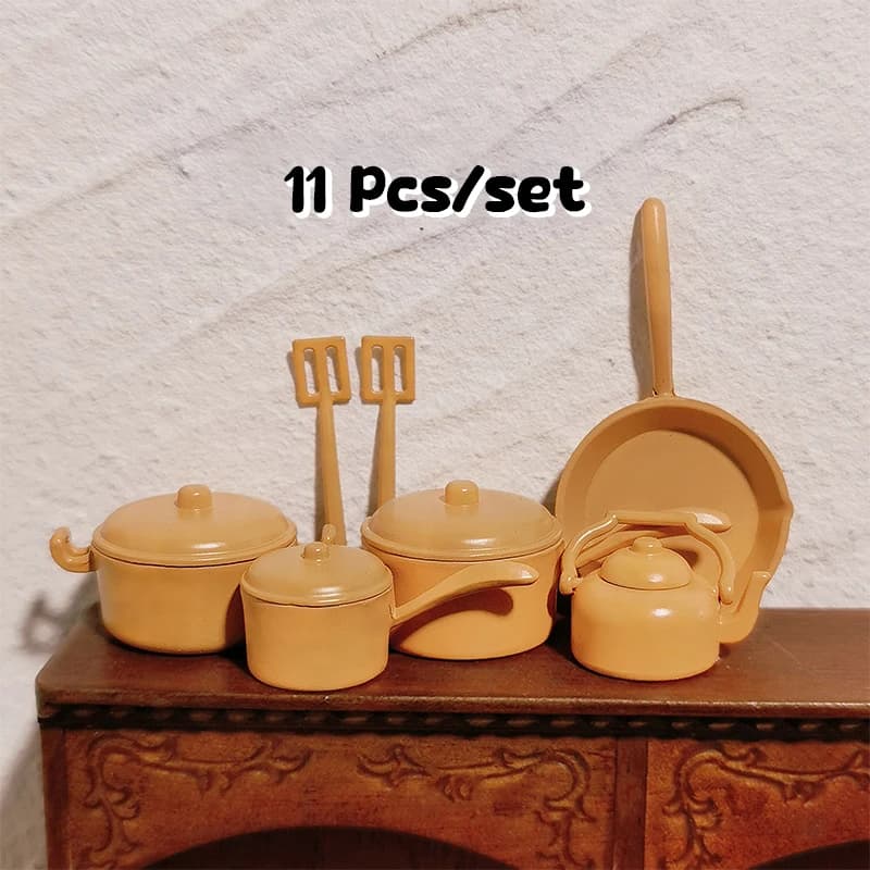 Set di accessori in miniatura 1:12 per casa delle bambole: pentola, padella, paletta, bollitore, utensili da cucina, decorazioni per micro scene, oggetti di scena per costruzioni