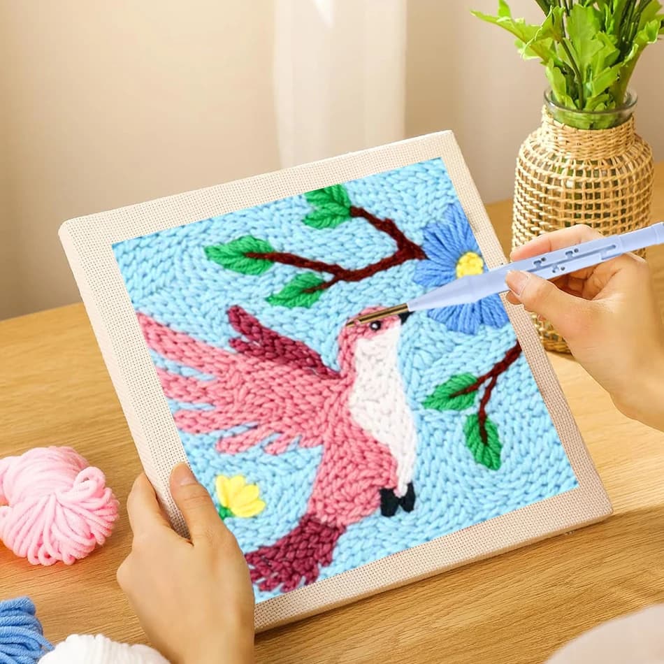 Hummingbird Punch Needle Embroidery Kit for Adults 25x25cm Punch Needle Fabric, Hoops, Yarns and Sewing Tools For Knittin