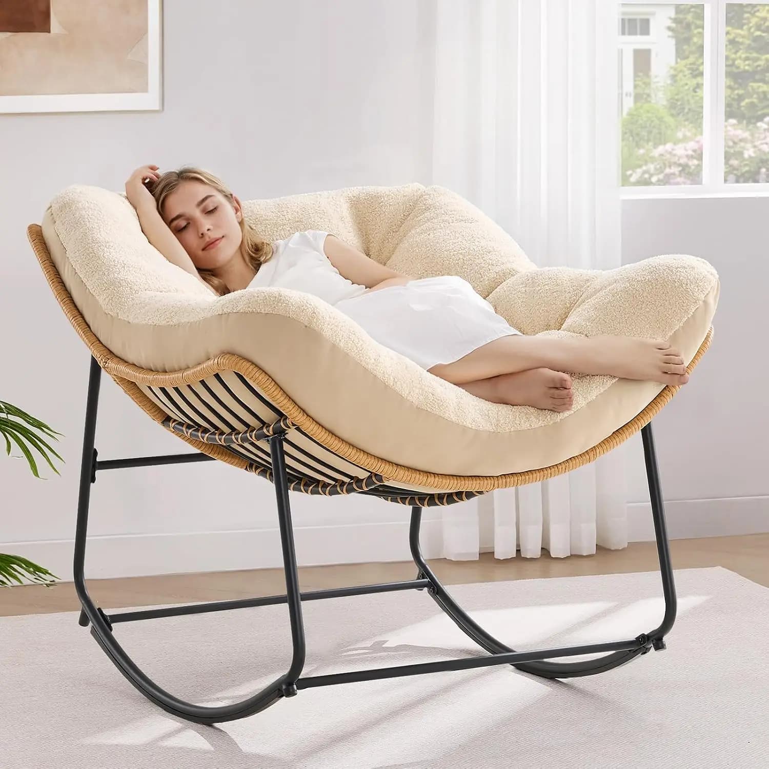 Oversized Indoor And Outdoor Papasan Rocking Chair, Padded Wicker Egg Shaped Lounge Rocker With Cushions, Comfort Seating For Patio Porch Garden Living Room, Beige