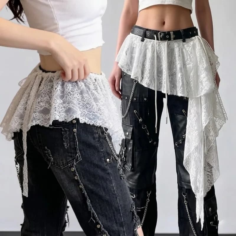 Cintura in pizzo per danza Hip Hop da donna, stile Y2K Punk, con sciarpa irregolare e frange pendenti, accessorio streetwear per donne e ragazze