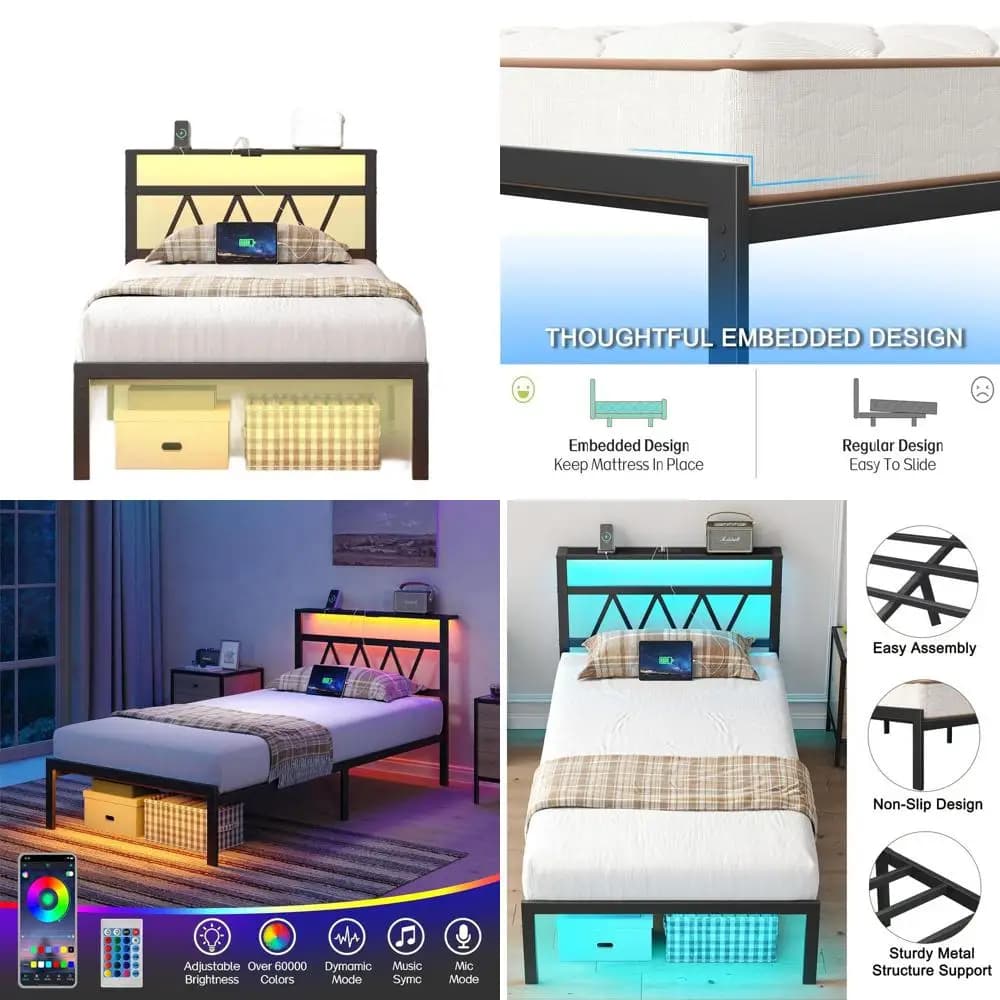 Single bed with smart LEDs, container, USB ports, wooden slats, no slats, silent, easy to mount - Classic Black