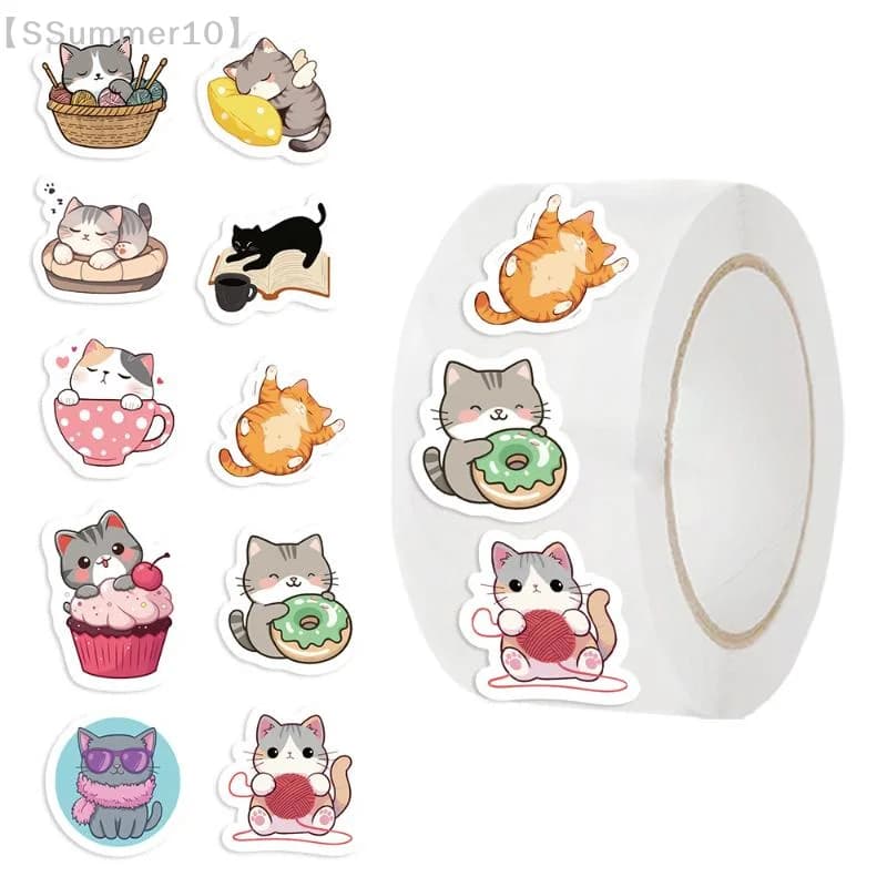 【SSummer10】500pcs/set Cartoon Cat Small Pattern Graffiti Decoration Roll Stickers Laptop Envelope Sealing Stickers【SS】