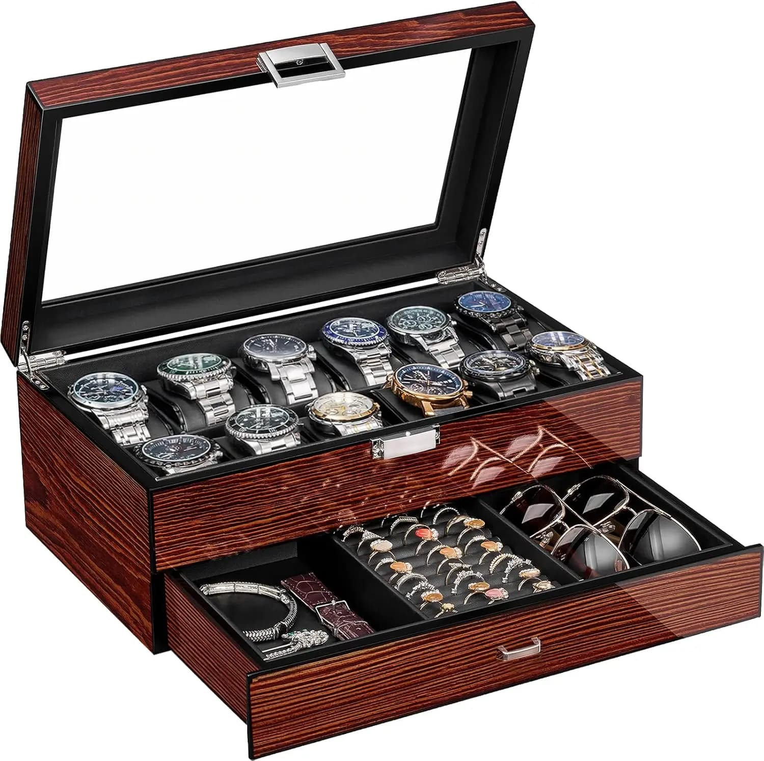 Box Clocks with 12 compartments with Glass Cover, Wood Storage Box 2 Levels for Men, Organizer for Watches Brown Red