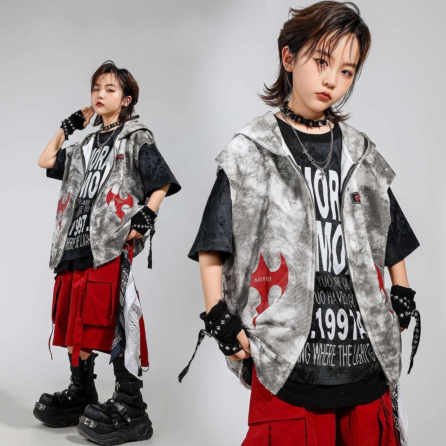 Abbigliamento Hip Hop Kpop per bambini Gilet con cappuccio con stampa bianca T-shirt con lettera nera Pantaloncini cargo con cinturino rosso per abiti da ballo per ragazza ragazzo