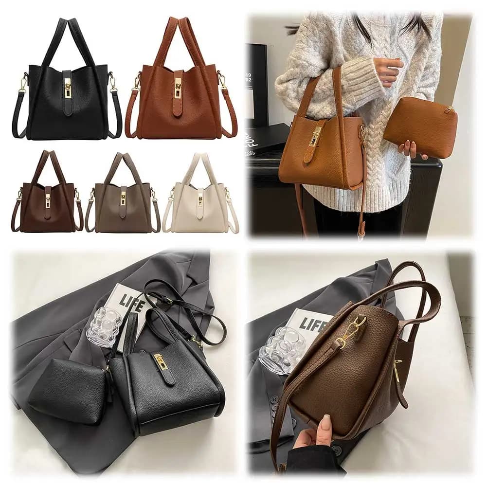 Borsa a secchiello da donna con chiusura magnetica, borsa a tracolla in pelle PU con borsa interna, borsa a cestino, borsa a mano solida per lavoro e viaggi