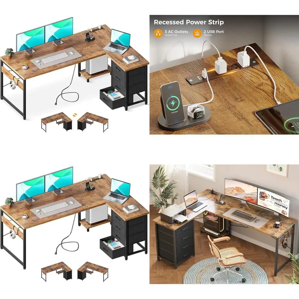 L Gaming desk with 4 drawers, 61-inch Bifacial Office Desk with Current sockets, USB Charging and Monitor Support, Easy to Fit