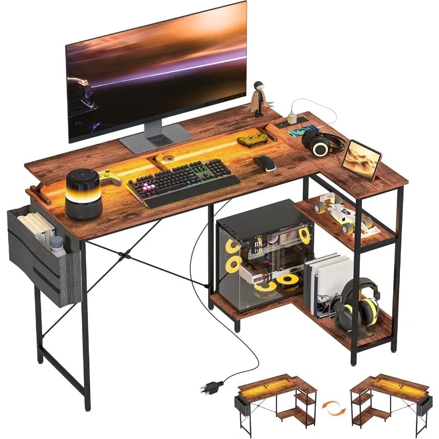 58 L-shaped gaming desk with integrated current sockets and environmental LED lighting Reversible design with integrated monitor support Inc