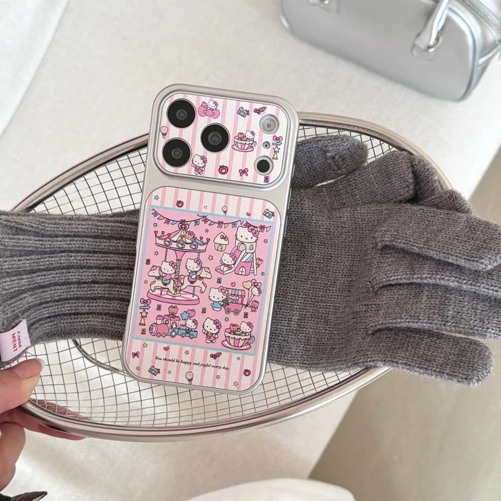 Custodia Antiurto in Pelle a Righe KT a Tema Parco Divertimenti per Apple iPhone 17 Pro Max, 16 Pro Max, 15 Pro Max