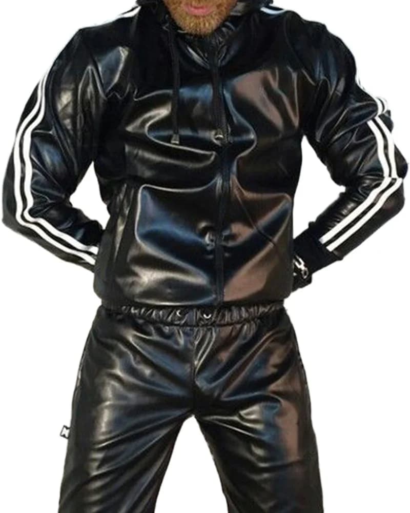 Tuta da uomo con cappuccio in pelle PU Abbigliamento sportivo casual Tuta da jogging con cappuccio Abbigliamento sportivo Completo da uomo Tuta succosa