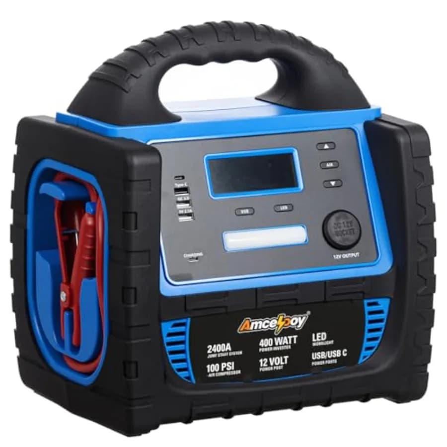 Avviatore di Emergenza per Auto 2400A e Stazione di Alimentazione Portatile, Avvia Motori a Benzina fino a 8.0L e Diesel fino a 8.0L, Avviatore 6-in-1 con Compressore d'Aria