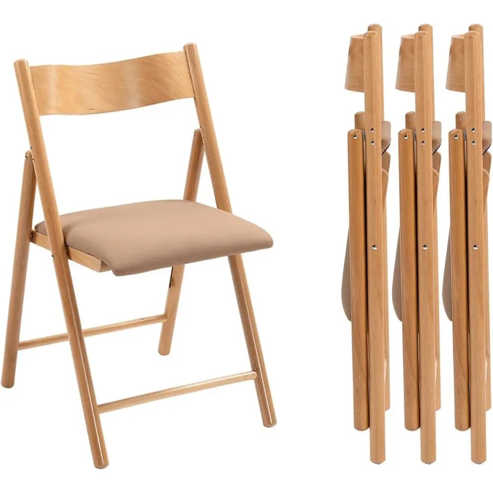 Set di 4 Sedie Pieghevoli in Legno Impilabili con Cuscini in Pelle, Portatili per Cucina, Ufficio, Matrimoni, Picnic (Kaki)
