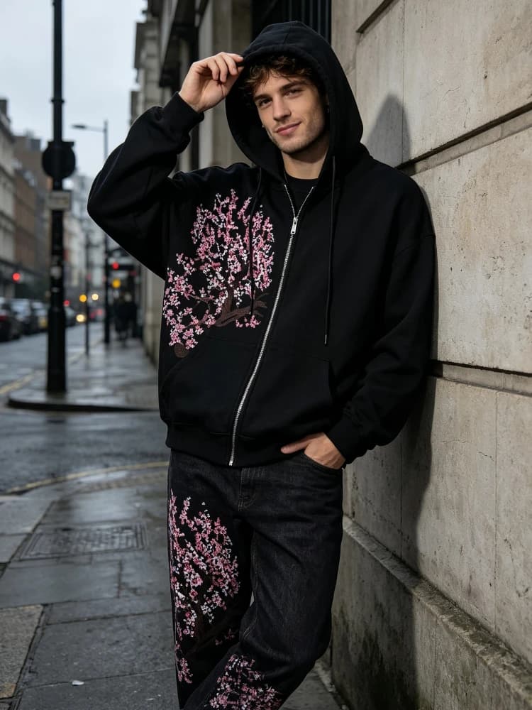 Oversized Zip Hoodie Unisex Heavy Cherry Blossom Embroidery Black Y2K Harajuku Streetwear Casual Full Zip Sweatshirt