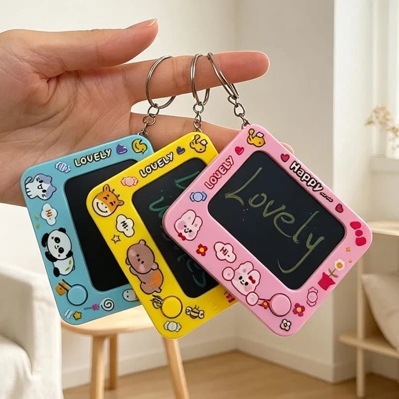 Cute Print Mini Drawing Board Keychain for Women Girls Kawaii Cartoon Reusable Tiny LCD Writing Tablet Keyring Purse Charm