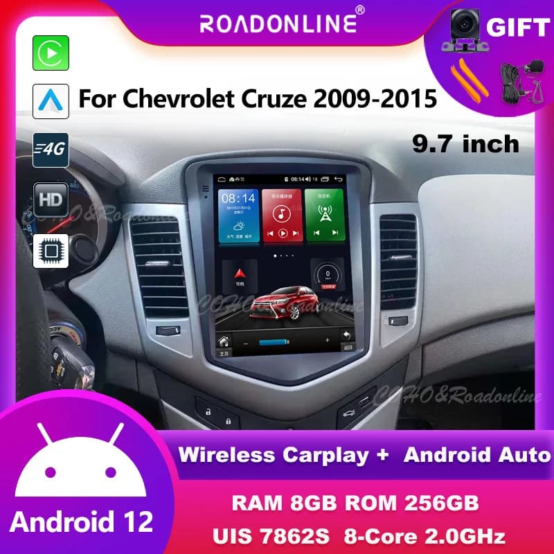 Autoradio Android per Chevrolet Cruze 2009-2015, Android 12, schermo da 9.7 pollici stile Tesla, Octa Core, 8+256G, lettore multimediale per auto, stereo.