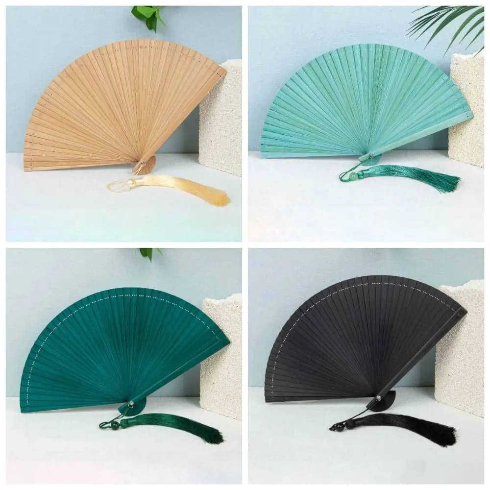 Chinese Style Solid Color Bamboo Fan Portable Retro Elegant Handheld Fans with Random Tassel Exquisite Kimono Fan