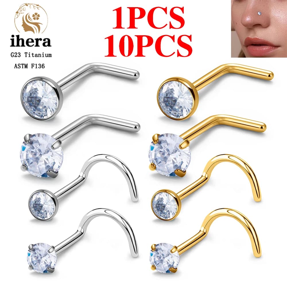 1/10PCS ASTM F136 G23 Titanium Nose Stud 20G L-Shape 2-3mm Zircon Nostril Piercing Rings Body Jewelry