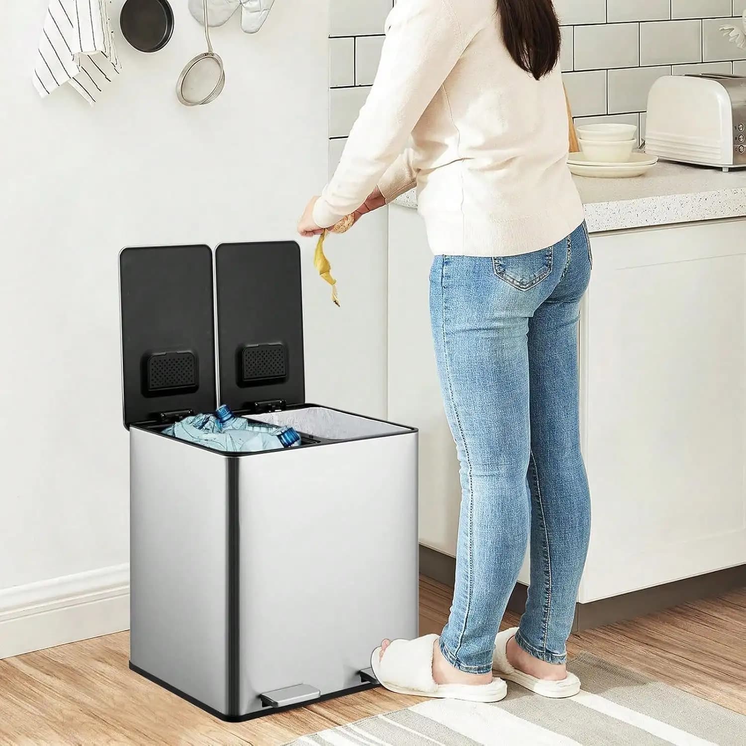 2 contenitori per rifiuti da 4 galloni (2 x 15 L), bidone per rifiuti a doppio scomparto con secchio interno rimovibile, filtro integrato per il controllo degli odori, resistente.