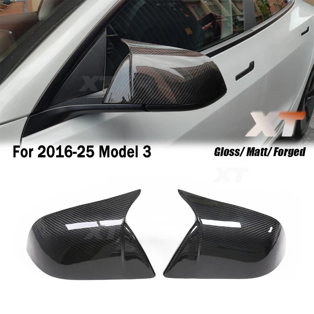 Forged Matte Dry Carbon Fiber Mirror Cover Caps for Tesla Model 3 2016-2025 Horn M Style Side Rearview Mirror Caps Stick On