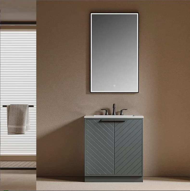 Set Mobile Bagno da Terra jl con Armadietto Medicinali Resistente all'Acqua, Specchio Intelligente e Lavabo in Ceramica su Struttura in Compensato