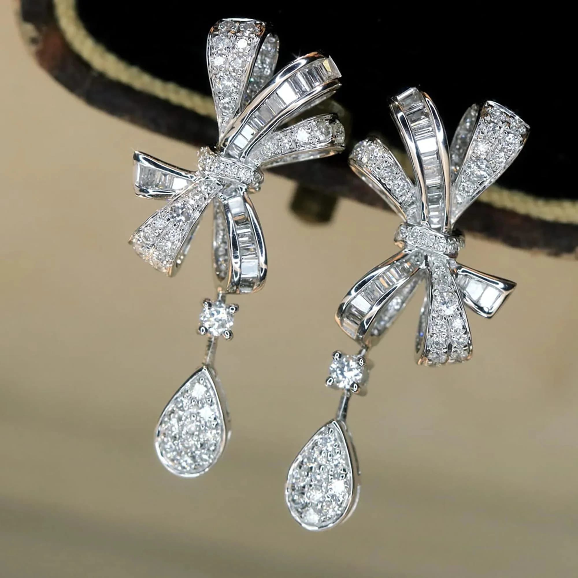 Luxury Bow with Water Droplets Full Diamonds Zircon Stud Earrings Women's Sweet Drop Earring
