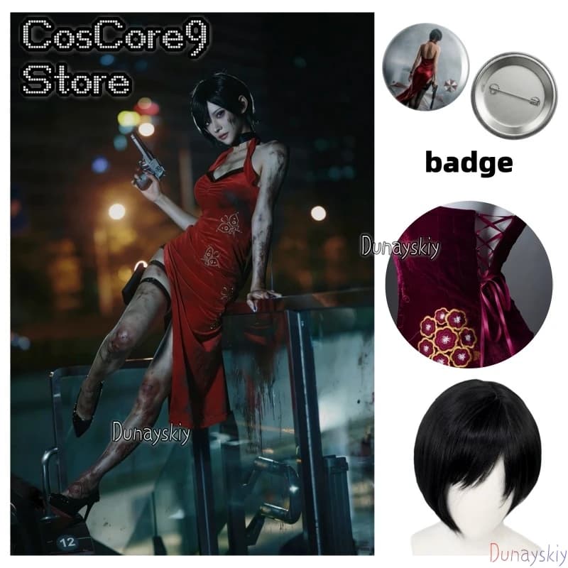 Costume Cosplay Ada Wong RE4 Remake, Abito Cheongsam con Spacco Alto, Sexy Parrucca Rossa Ada, Costume per Halloween e Carnevale, Outfit da Gioco per Donne