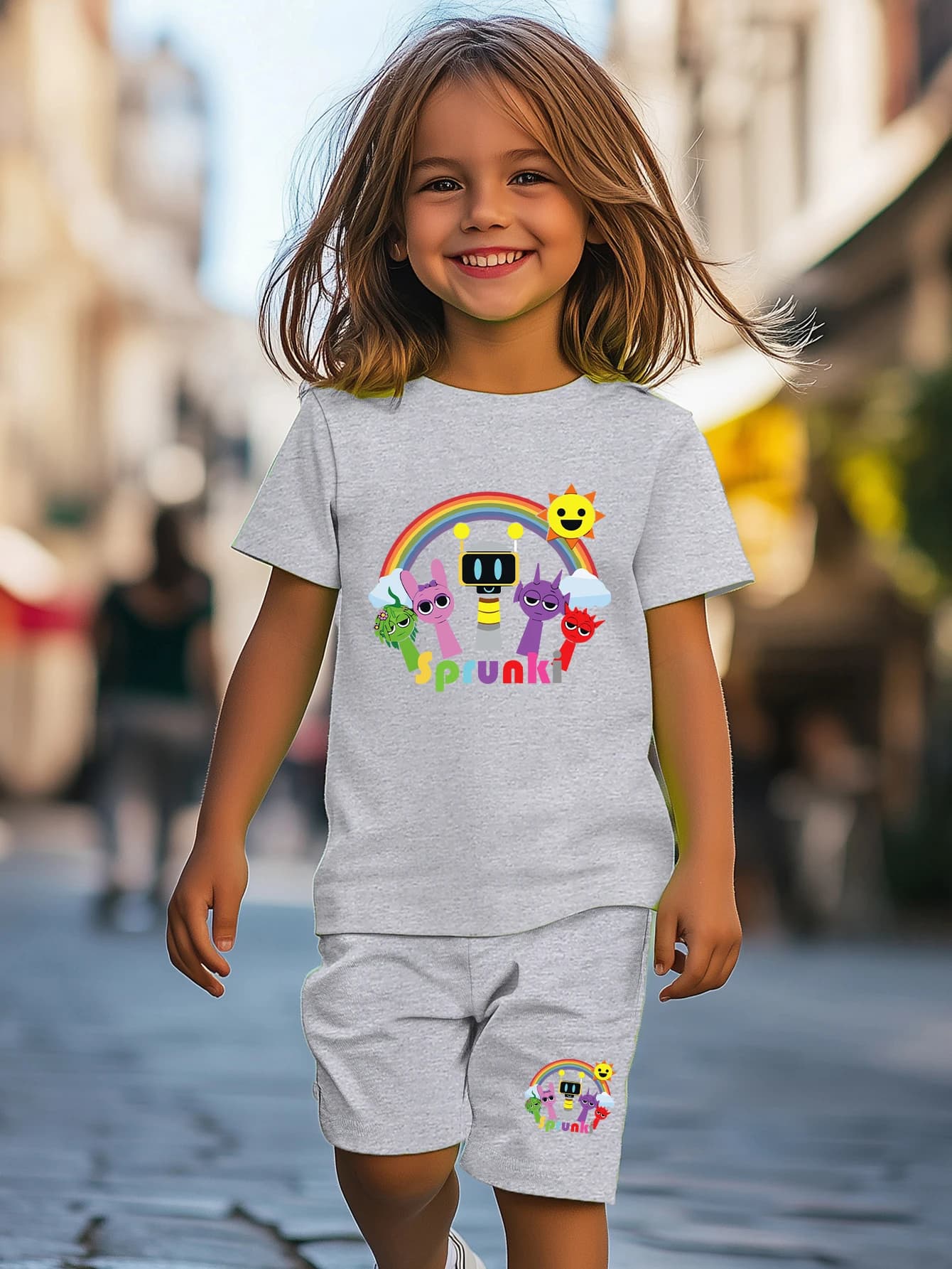 Completo estivo da bambina in due pezzi per 4-7 anni, set t-shirt e pantaloncini con motivo stampato, tessuto traspirante, morbido e confortevole